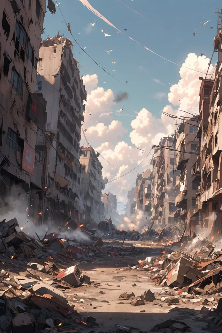 City of Arafeld，There was a lot of rubble and debris on the ground, destroyed city, Dusk time，Smoke in the sky，burning sky，em uma paisagem urbana arruinada, An abandoned dystopian city, ruined cityscape, post - apocalyptic city streets, Dystopian digital concept art, outdoors ruined cityscape, post - apocalyptic city, cyberpunk city abandoned, post apocalyptic district, destroyed city in background, dystopian city, post apocalyptic city