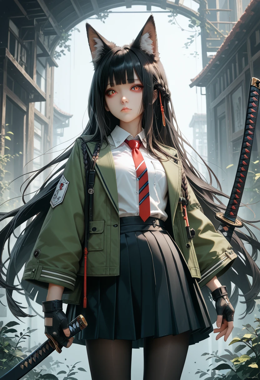 girl, solo, long hair, looking at viewer, bangs, skirt, shirt, black hair, red eyes, gloves, long sleeves, animal ears, very long hair, closed mouth, jacket, white shirt, weapon, braid, pantyhose, pleated skirt, open clothes, necktie, black gloves, collared shirt, sword, blunt bangs, fingerless gloves, black skirt, open jacket, animal ear fluff, fox ears, katana, green jacket