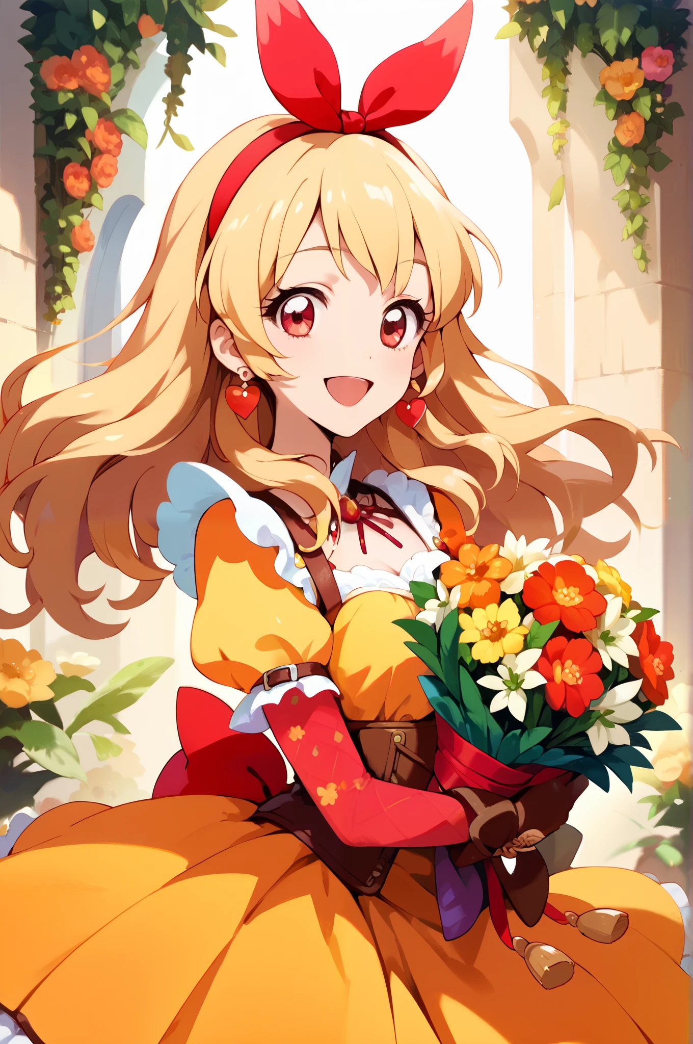 illustrated anime image of cute girl with wings holding a bouquet of flowers, 1girl, hoshimiya ichigo,(RED Ribbon on HAIRband:1.2), flower, solo, blonde hair, feathers, red eyes, jewelry, open mouth, smile, earrings, gloves, long hair