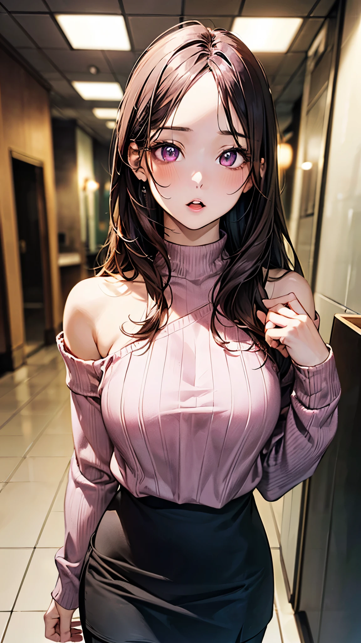 Obra maestra, La mejor calidad, Altas Resoluciones, aamiyako, Cabello largo, jewely, Pendientes, sweater dress, virgin killer sweater, recorte de ropa, Cuello, sin mangas, Noche, calle, Disparo de vaquero, En pie, They are smiling, Brazos ????????,