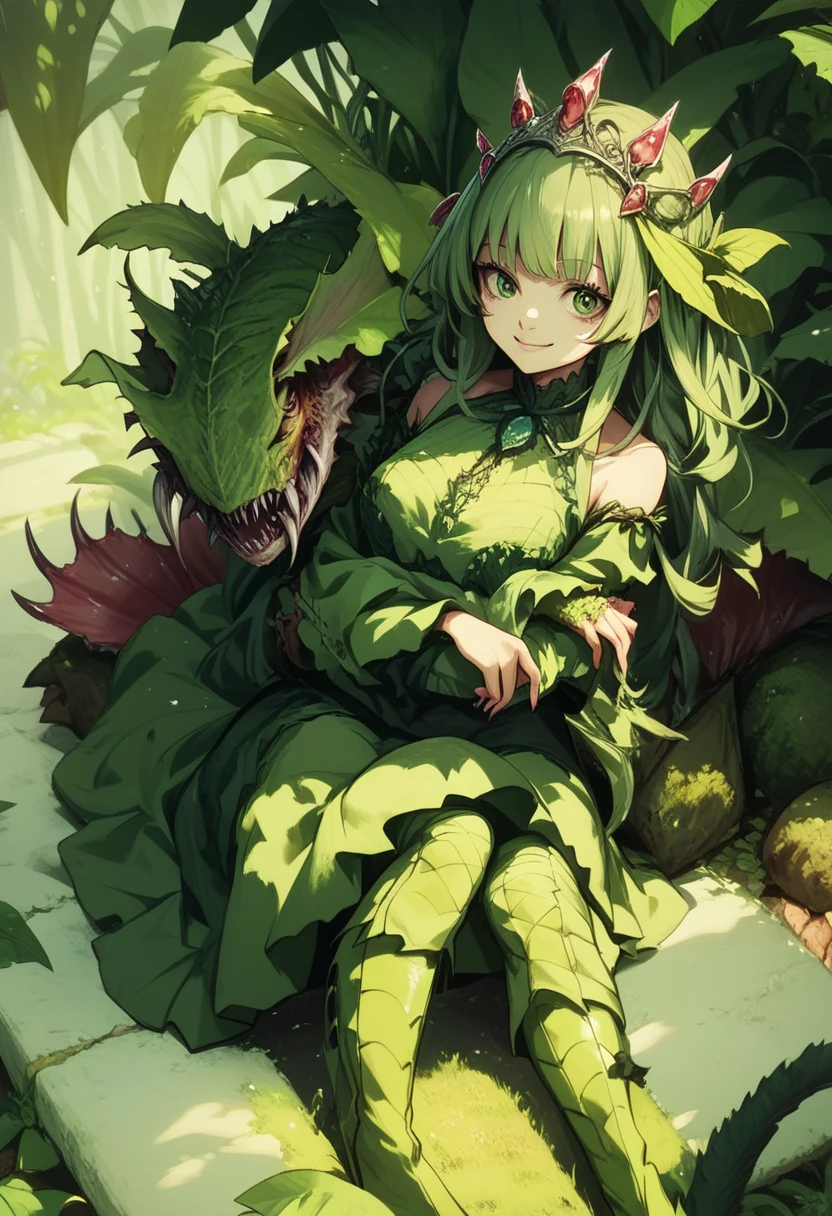 Alraune. Carnivorous plant elements. Tiara. Green hair. Ivy.Smiling. Bangs. Sharp eyes. Long boots. girl with plant elements. Dress. Green hair. Tiara. Sitting. Hugging.