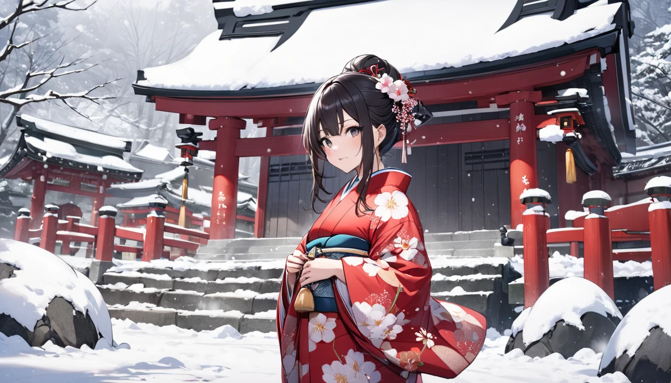 top quality , girl in kimono,shrine, snow is piled up