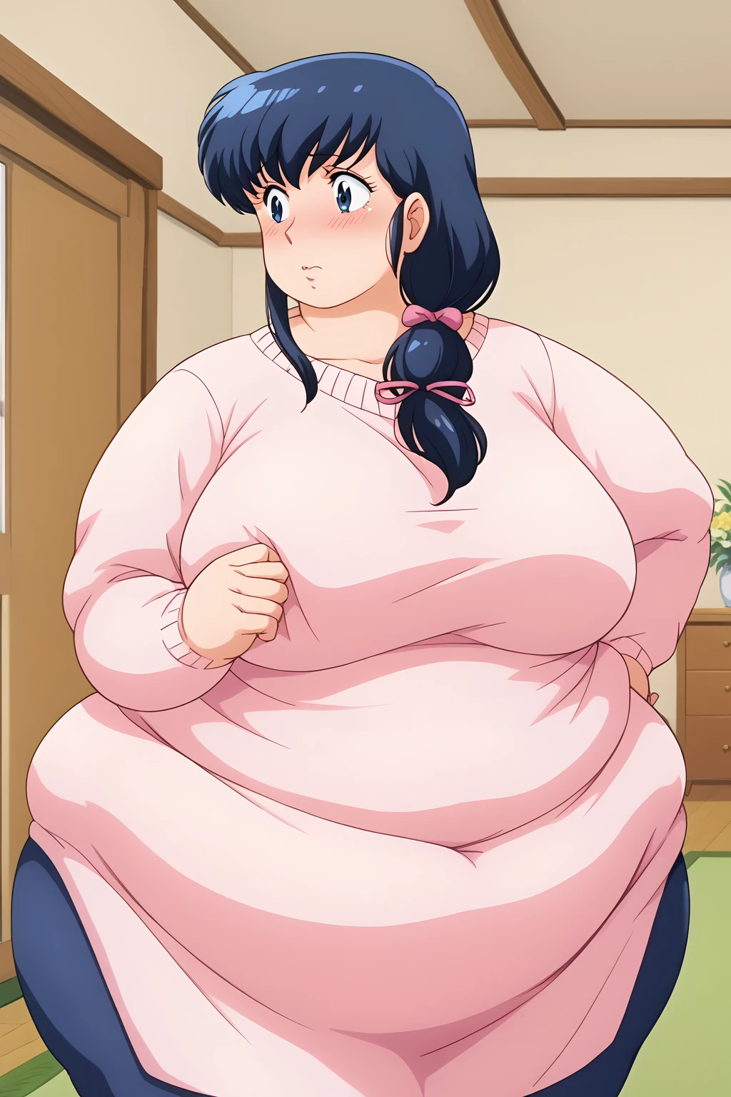 Otonashi Kyoko, Kyoko Otonashi,  long hair, 紺色の髪,low ponytail, pink barrette ribbon, Dark blue eyes,  pink sweater, Blue jeans,  white Y shirt, living room,milf,,blush,  troubled expression, embarrassed expression,  score_9, score_8_ up、 score_7_ up、 score_6_ up、 score_5_ up、 score_4_ up、 Masterpiece 、 top quality 、 very aesthetic、 absurd, source ,  anime screencap, one woman、Alone、 personal , Curvy、chubby, chubby, Severe obesity、