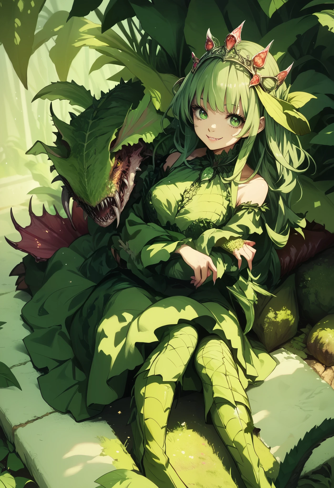 Alraune. Carnivorous plant elements. Tiara. Green hair. Ivy.Smiling. Bangs. Sharp eyes. Long boots. girl with plant elements. Dress. Green hair. Tiara. Sitting. Hugging.