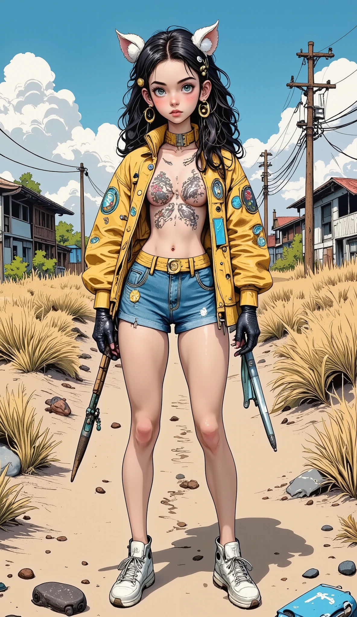 Yael Shelbia(Beautiful and daring 、 captivating and tempting 、 blue eyes、pointed breast、 long curly black hair 、 sweaty body、 Open shirt、 shorts 、、short gloves、thick leg)。( deserted roads 、 dirt road 、Smoking、abandoned cars、 newspaper 、Abandoned objects、 body lying on the ground 、 abandoned roads 、apocalyptic landscape、 movie effects )、(de primera calidad、masterpiece、 depth of fields 、full hd、4k、Richness of details)。portrait style 、 fist of the north star 、shrill、((( He wears armor on both shoulders.)))、holding weapons