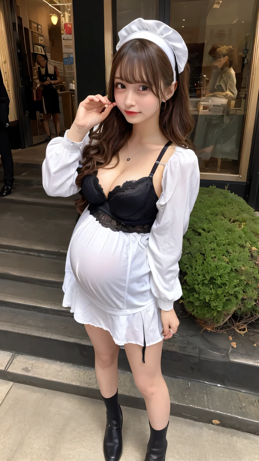 ((best quality)), ((Masterpiece)), (details), old maid, My hair started turning white..,  purple eyes, Still beautiful, Youthful look, Age 60, big breasts, No dress on., seductive pose, pregnant,bathroom, Have a smile,
