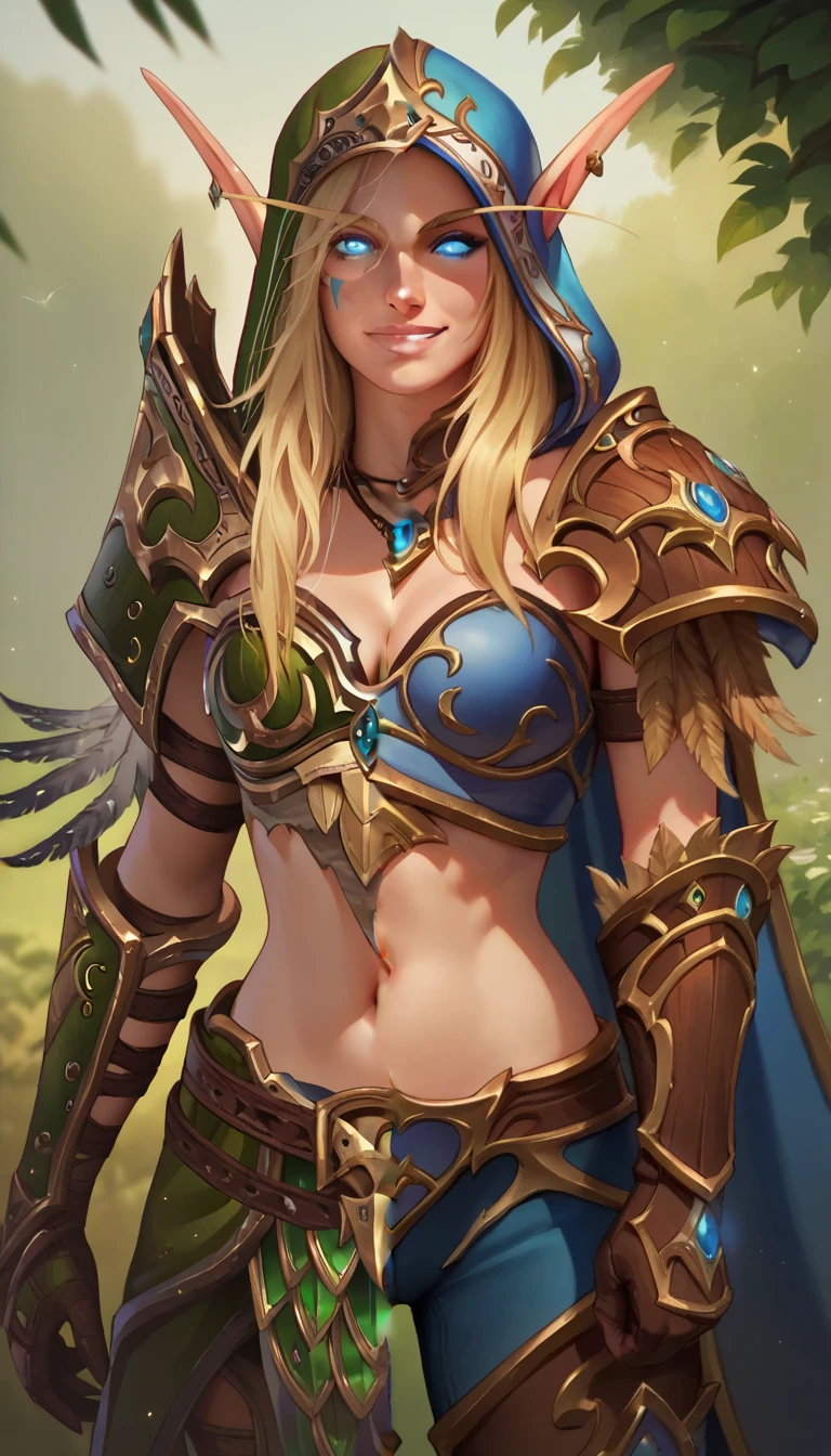 BREAK 1girl, looking at viewer, alleria windrunner, blue eyes, blonde hair, pointy ears, elf, tattoo, glowing eyes, facial mark, armor, shoulder armor, gloves, cleavage, jewelry, necklace, feathers, belt , cape, smile