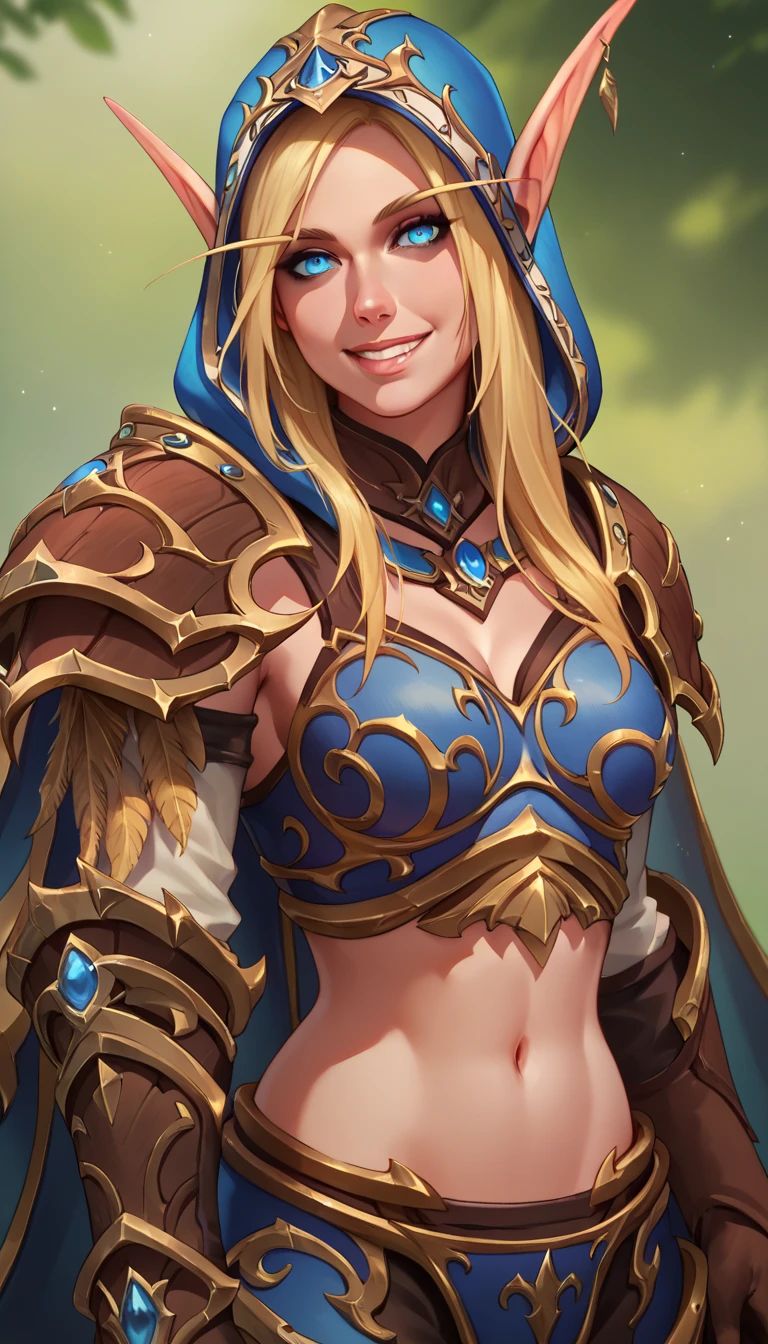 BREAK
 sylwingeneral, long hair, blue eyes, blonde hair, pointy ears, elf, brown eagle shaped shoulder armor, breastplate, hood, gloves, armor, midriff, cape, pants, looking at viewer, smile