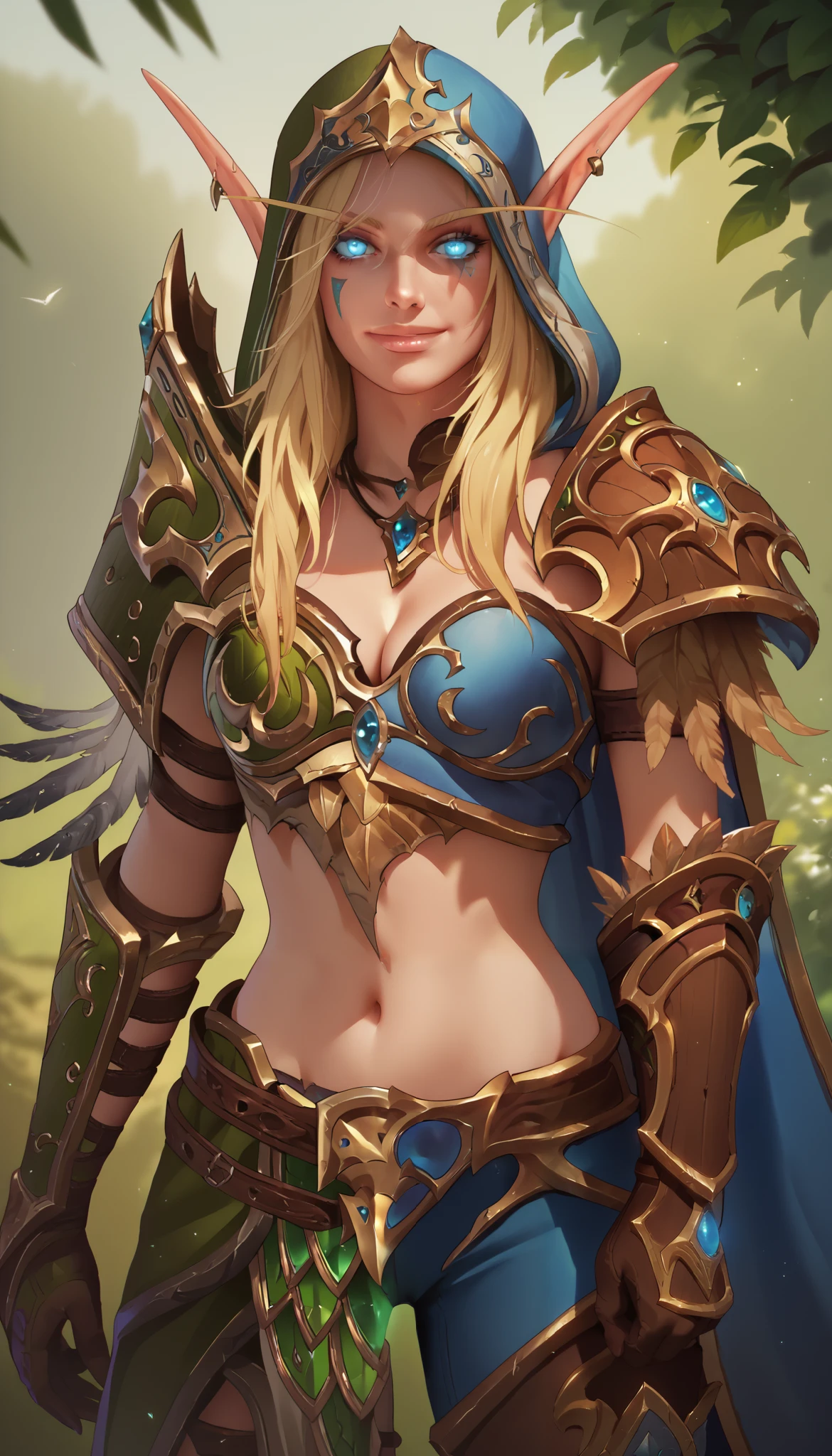 BREAK 1girl, looking at viewer, alleria windrunner, blue eyes, blonde hair, pointy ears, elf, tattoo, glowing eyes, facial mark, armor, shoulder armor, gloves, cleavage, jewelry, necklace, feathers, belt , cape, smile