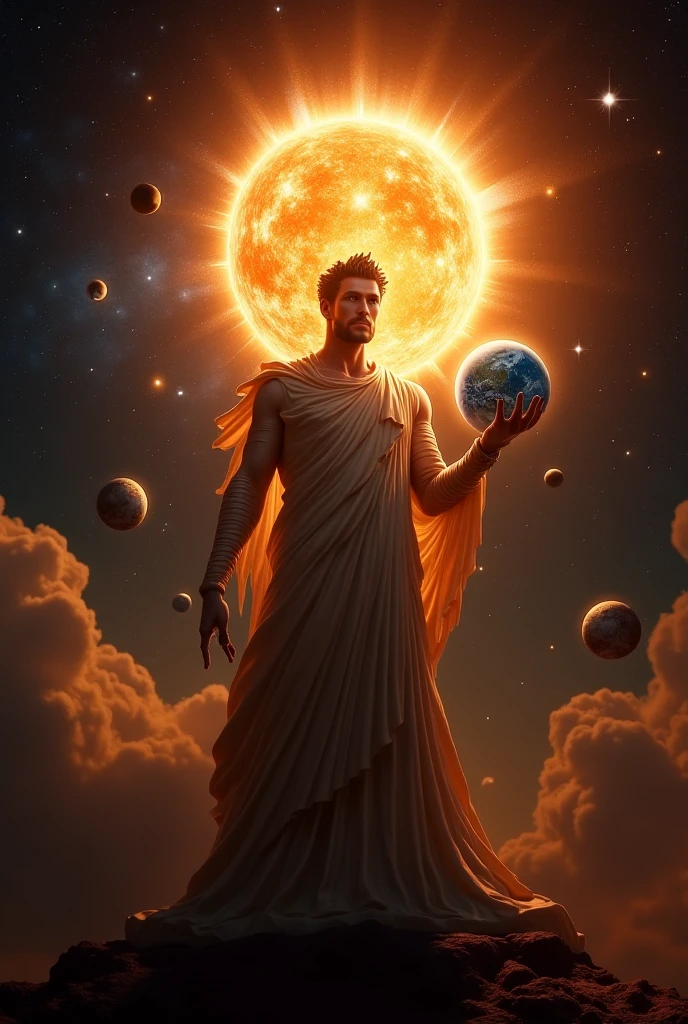 Create a god in outer space holding the earth in his hand looking and smiling he is very young and has 6 pack muscles