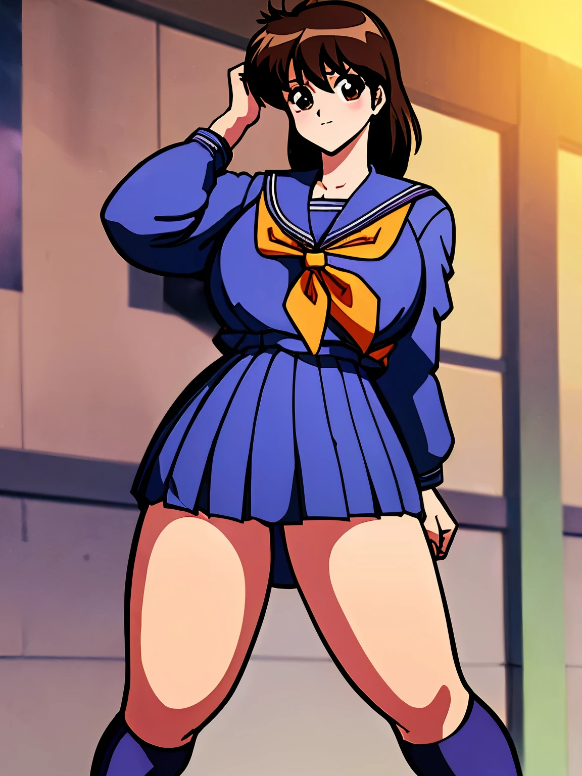 (masterpiece:1.2, highest quality:1.2), anime, illustration, 1 girl, alone, Keiko Yukimura, skirt, brown hair, medium shoulder hair, (long sleeves, brown eyes, serafuku uniform, sailor uniform, pleated skirt, blue skirt, neckerchief), ultra large breasts, ultra huge tits, ultra huge boob, ultra huge cleavages, (no back grounds), standing, ((look at viewer)), full body shot, 