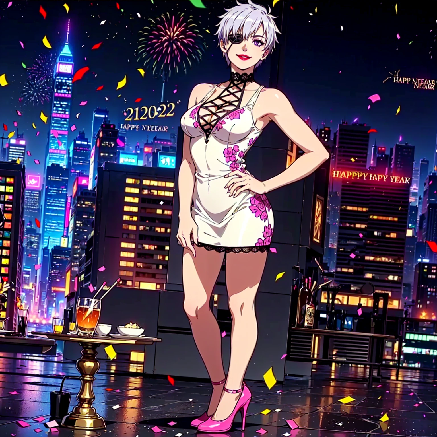 (1girl, Alone, alone), (najenda, short hair, (eye patch, purple eyes:1.3), grey hair, eyepatch, eye patch, single mechanical arm, Silver Hair,Short Hair, lilac eyes), ((Alone, (1woman,pink lipstick ), extremely detailed , Soft ambient lighting, 4K, perfect eyes, a perfect face, Perfect Lighting, the 1 girl)), ((fitness, , shapely body, athletic body, toned body)) , ((white dress, dress with gold embroidery, lace dress, high heels, silver, new year, new year's eve, fireworks, 2025, happy new year, happy 2025, new year's party, window, night, stars, balloons, new year decoration, terrace, buildings, skyscraper, balcony, smug, party, confetti, smug smile, marble floor, red lipstick, cleavage, nickline))