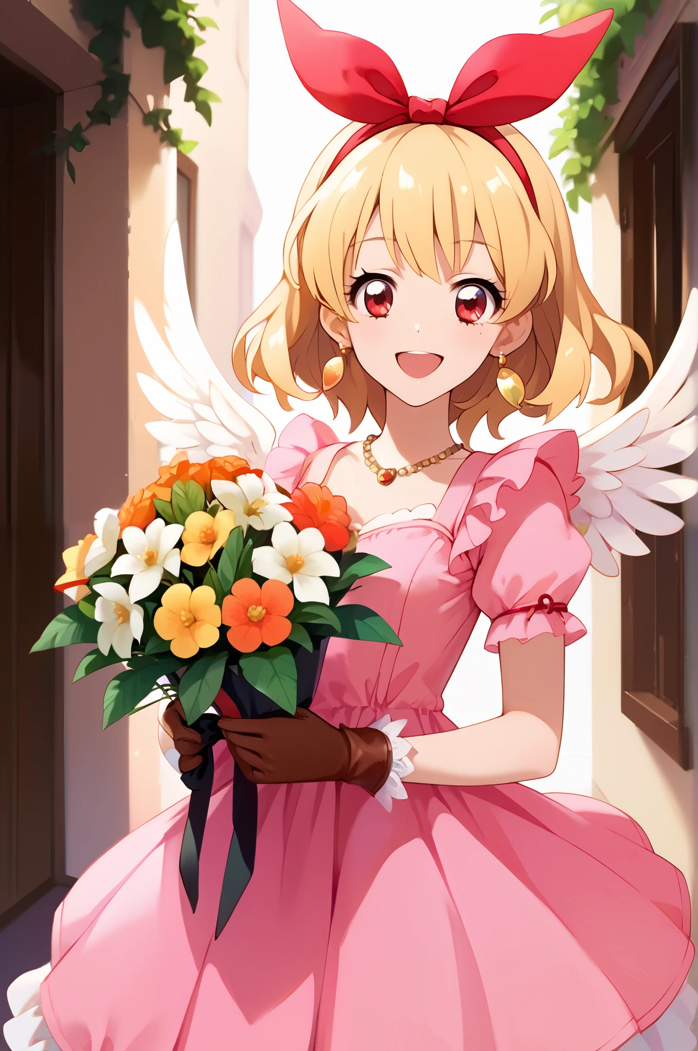 illustrated anime image of cute girl with wings holding a bouquet of flowers, 1girl, hoshimiya ichigo,(RED Ribbon on HAIRband:1.2), flower, solo, blonde hair, feathers, red eyes, jewelry, open mouth, smile, earrings, gloves, long hair,pink Dress,