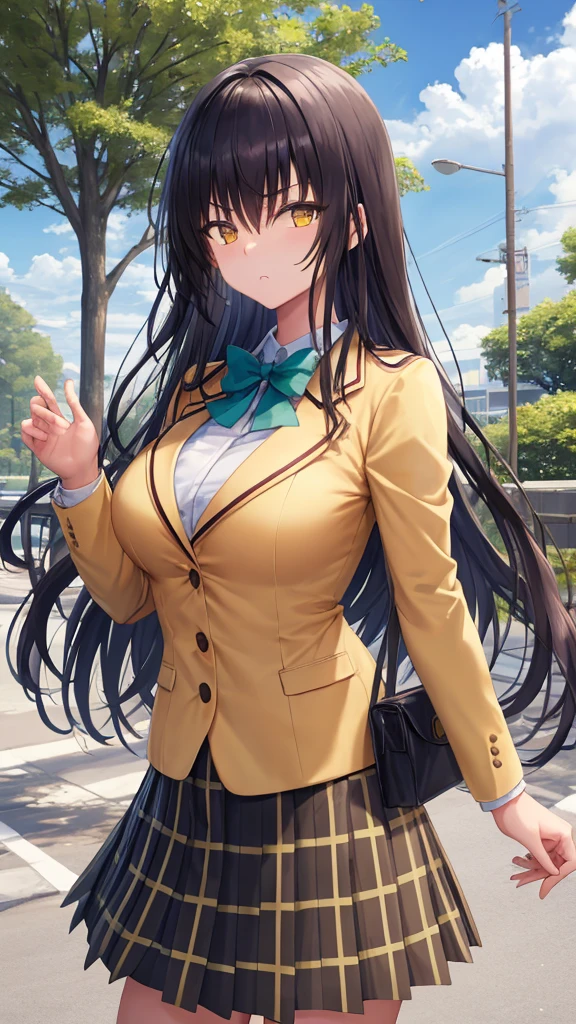 masterpiece, best quality, defYui, yellow blazer, long sleeves, green bowtie, plaid miniskirt, large breasts, furrowed brow, looking at viewer, upper body, blue sky, clouds, tree