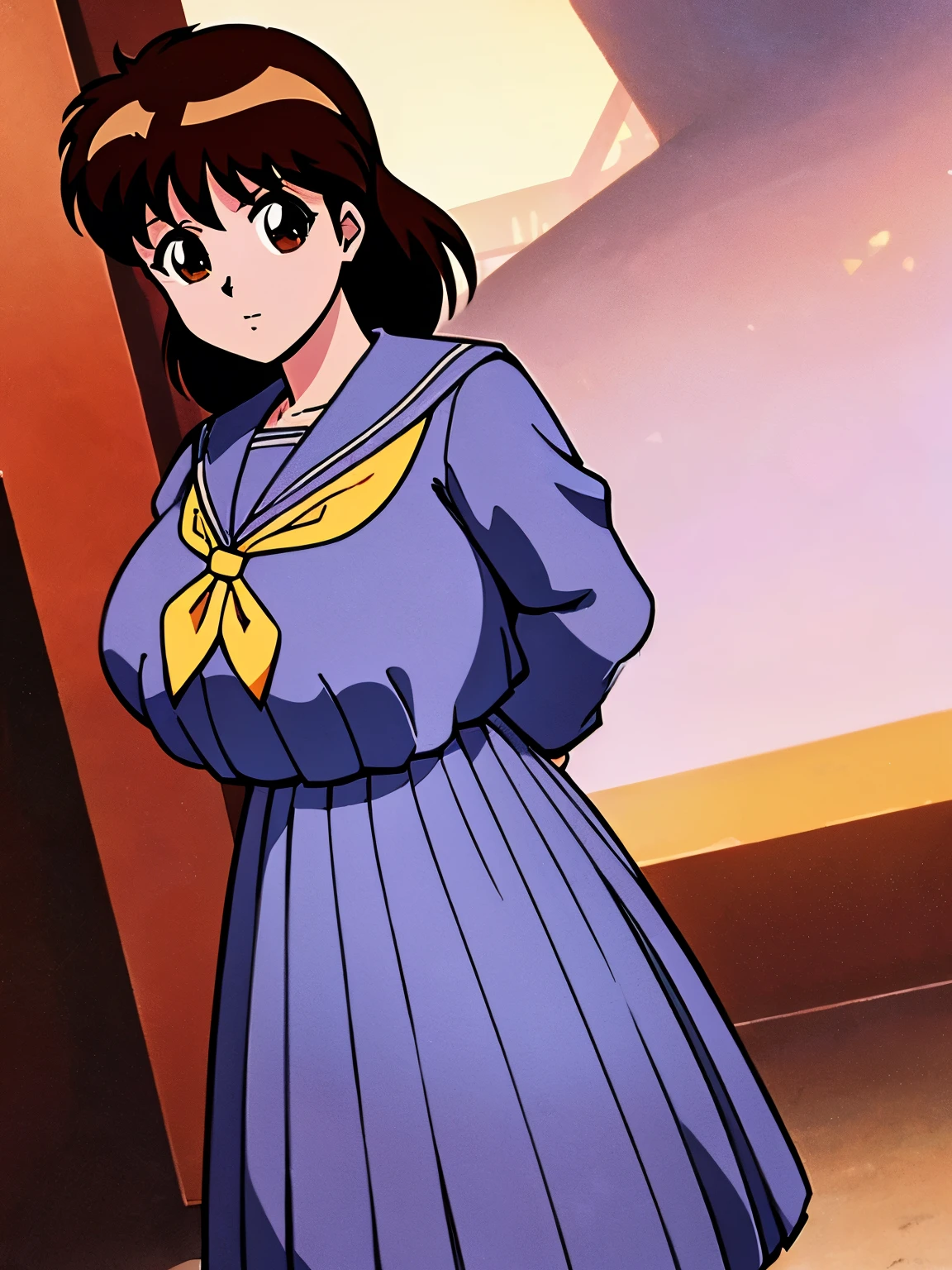 (masterpiece:1.2, highest quality:1.2), anime, illustration, 1 girl, alone, Keiko Yukimura, skirt, brown hair, medium shoulder hair, (long sleeves, brown eyes, serafuku uniform, sailor uniform, pleated skirt, blue skirt, neckerchief), ultra large breasts, ultra huge tits, ultra huge boob, ultra huge cleavages, (no back grounds), standing, ((look at viewer)), full body shot, 