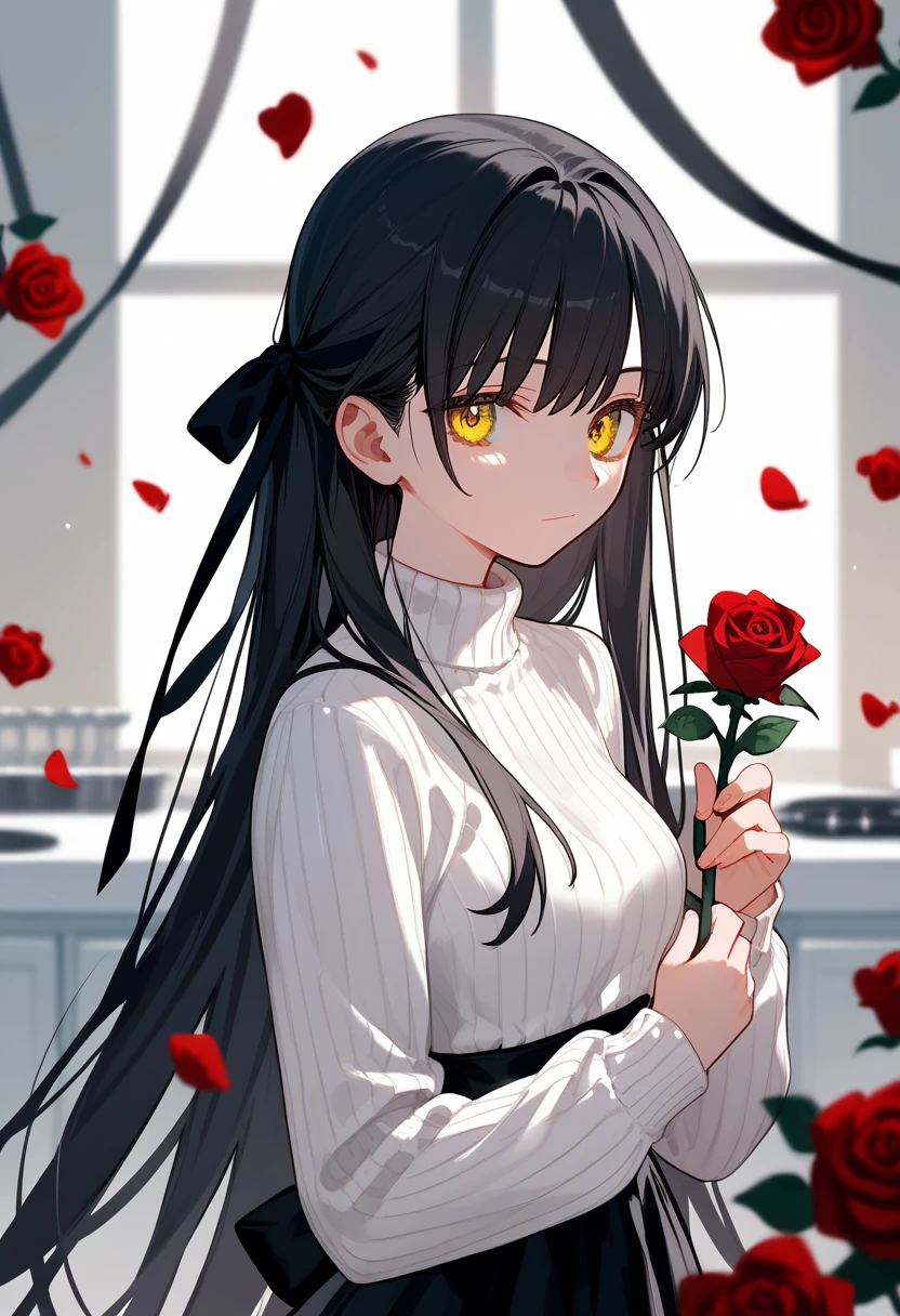 ((masterpiece, best quality)),best aesthetic,1girl, solo, long hair, white sweater, short black dress, flower, ribbon, black hair, rose, hair ribbon, yellow eyes, long sleeves, white rose, closed mouth, black ribbon, upper body, kitchen, simple background