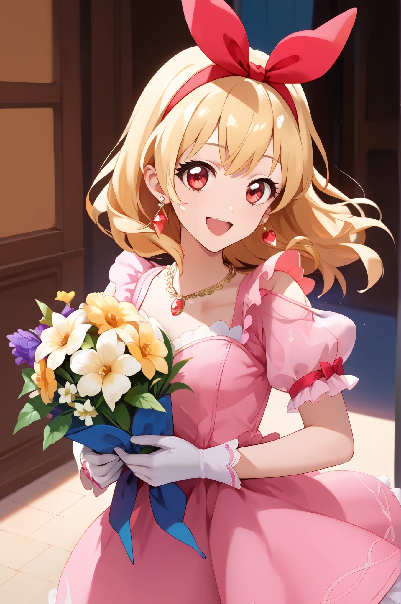 illustrated anime image of cute girl with wings holding a bouquet of flowers, 1girl, hoshimiya ichigo,(RED Ribbon on HAIRband:1.2), flower, solo, blonde hair, feathers, red eyes, jewelry, open mouth, smile, earrings, gloves, long hair,pink Dress,Gorgeous embroidery on the fabric of the dress