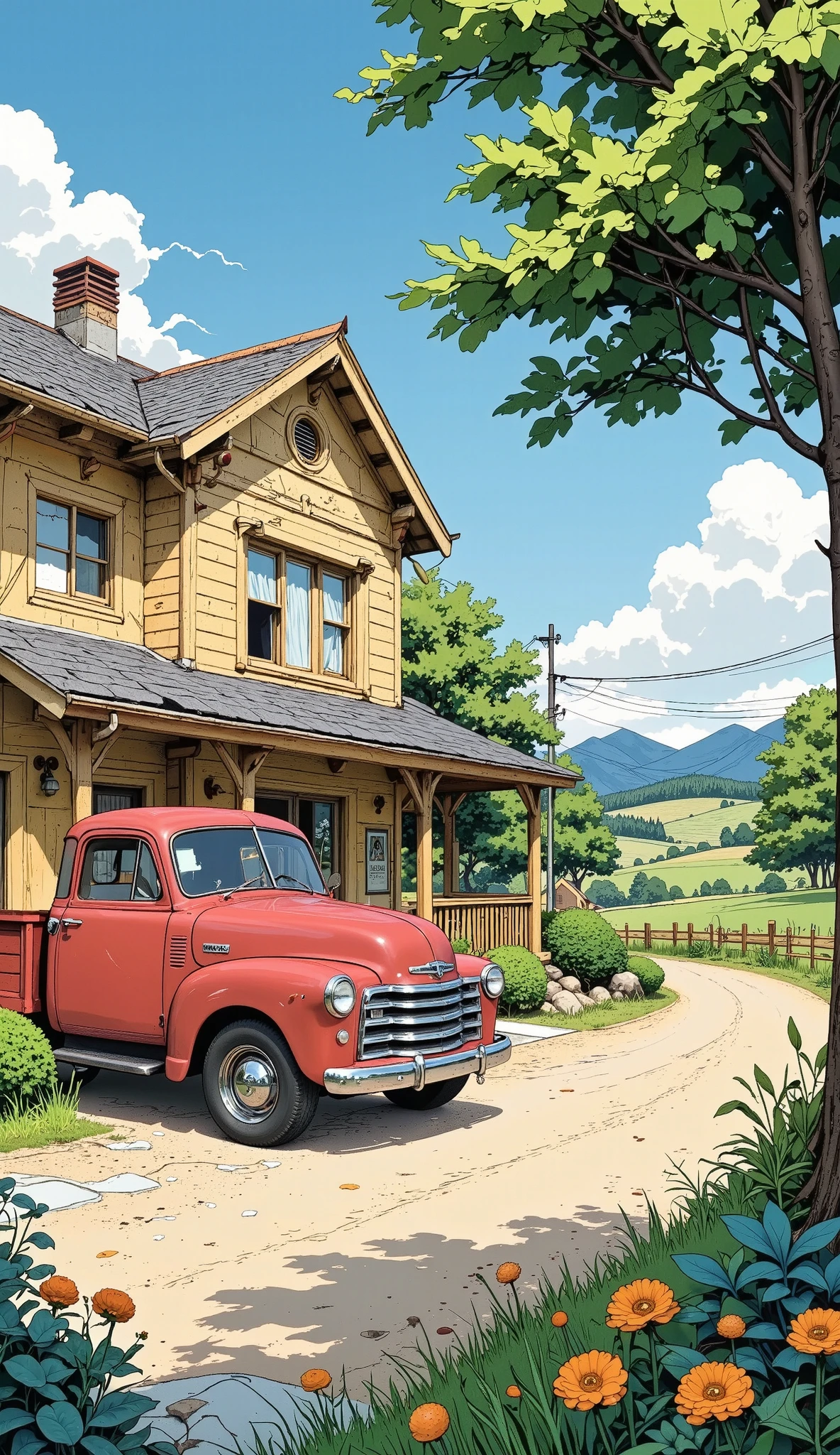 ( best quality,  masterpiece:1.2),  beautiful country house with a red truck in front of the house,  in the art of studio Ghibli , anime-manga art ,  elaborate details , chiaroscuro, cinematic lighting, UHD, Retina, masterpiece, Accurate,  anatomically correct , textured skin, Super detail, high details, high quality,  award winning , best quality, highres, 1080P, HD, 16K