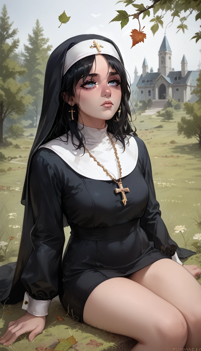 Billie Eilish is sitting ,  she is on top of a hill looking at the horizon with a sad look , look serene,  is sitting on a grass floor , flying leaves ,  Blue Eyes ,  short black hair ,  Nun's clothing,  hair flying in the wind ,  high quality , Detail of the grass ,  detail in the background , sensual mouth,