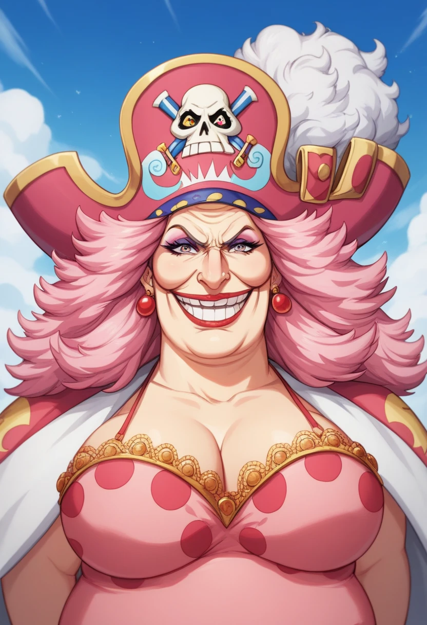 Create an image of a towering and powerful pirate queen with an aura of dominance and chaos. She has wild, flowing pastel-colored pink hair and a wide, menacing grin. Her outfit is flamboyant, featuring a vibrant dress with candy-themed patterns and gold accessories. Her presence is intimidating yet regal, with a massive pirate hat decorated with skull motifs and sweets. The setting is a fantastical candy-themed island under a stormy sky, with giant desserts and swirling clouds in the background. Her expression combines playful mischief with raw authority, and she holds a massive, enchanted sword crackling with energy. Big Mom of One Piece, fat woman, old woman, large nose,