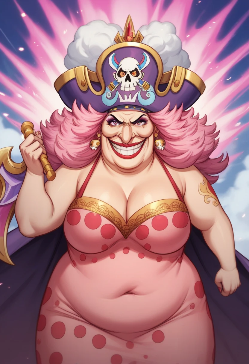 Create an image of a towering and powerful pirate queen with an aura of dominance and chaos. She has wild, flowing pastel-colored pink hair and a wide, menacing grin. Her outfit is flamboyant, featuring a vibrant dress with candy-themed patterns and gold accessories. Her presence is intimidating yet regal, with a massive pirate hat decorated with skull motifs and sweets. The setting is a fantastical candy-themed island under a stormy sky, with giant desserts and swirling clouds in the background. Her expression combines playful mischief with raw authority, and she holds a massive, enchanted sword crackling with energy. Big Mom of One Piece, fat woman, old woman, large nose,