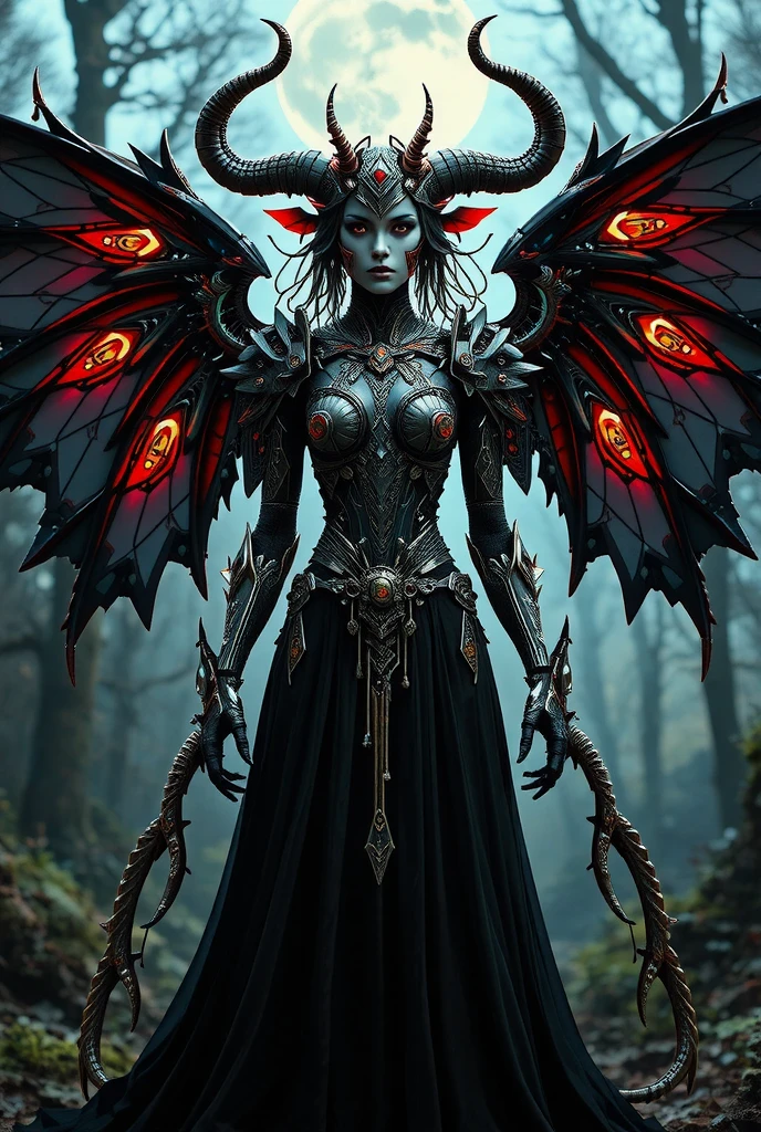 Mechanical demon woman、Detailed robot arm、Detailed robot legs、Detailed mechanical body、detailed gear、Fangs like wolves、Bull-like horns、Large bat-like wings、Devil&#39;s Tail、Beautiful glowing red eyes、black sheer dress、Beautifully detailed face、Ideal body type、Big Breasts、Narrow waist、In the background is a Gothic castle surrounded by a moonlit forest.、Cowboy Shot、