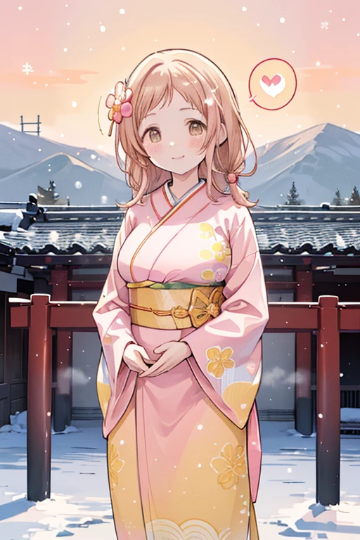 Sakuragi Mano, ((Mega Breasts)), Absolute territory,　smile, Fluffy, (Healing), ((feathers)),　brooch, medium hair, best quality, masterpiece, blush, light brown hair, 　outside curling hairstyle, side fringe, (forehead : 1.28), left-right symmetry fashion,　 winter, ((((snow)))), light brown hair, light brown eyes, 　(((spoken heart))), (Floral pattern furisode),　((((rich pink furisode)))), (shrine), new year, (Japanese style big rich red flower hair ornaments), ((rich yellow obi)), ((((Gradient pattern rich pink and yellow frisode)))), sunrise, morning, standing, mountain, ((((hawk)))),