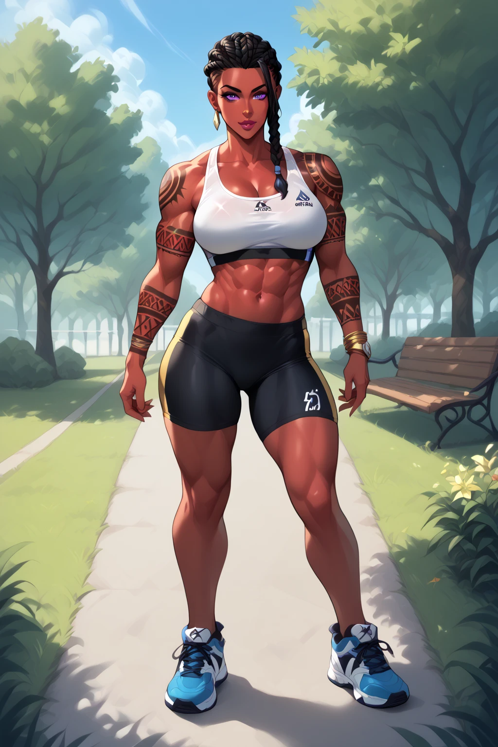 ((standing by wooden pole:1.2)) ((1 girl)) whole body, standing, gray skin, drow, elf, maduro, purple eyes, by white, black bikini, ABS, Large knockers, tattered rags, chain collar, stomach tattoo (red tattoo)