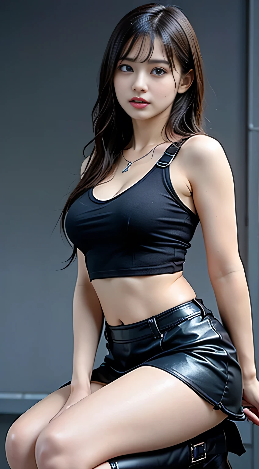 ((Realistic lighting, best qualtiy, 8K, tmasterpiece:1.3)), sharp fokus:1.2, 1girll, Beautiful woman with perfect body show:1.4, Slim abs:1.1, ((dark brown hair)), (White crop top:1.4,short skirt,black lence stockings),(exteriors,during night:1.1),the city street,Ultra-fine face,Fine eyes,二重まぶた。