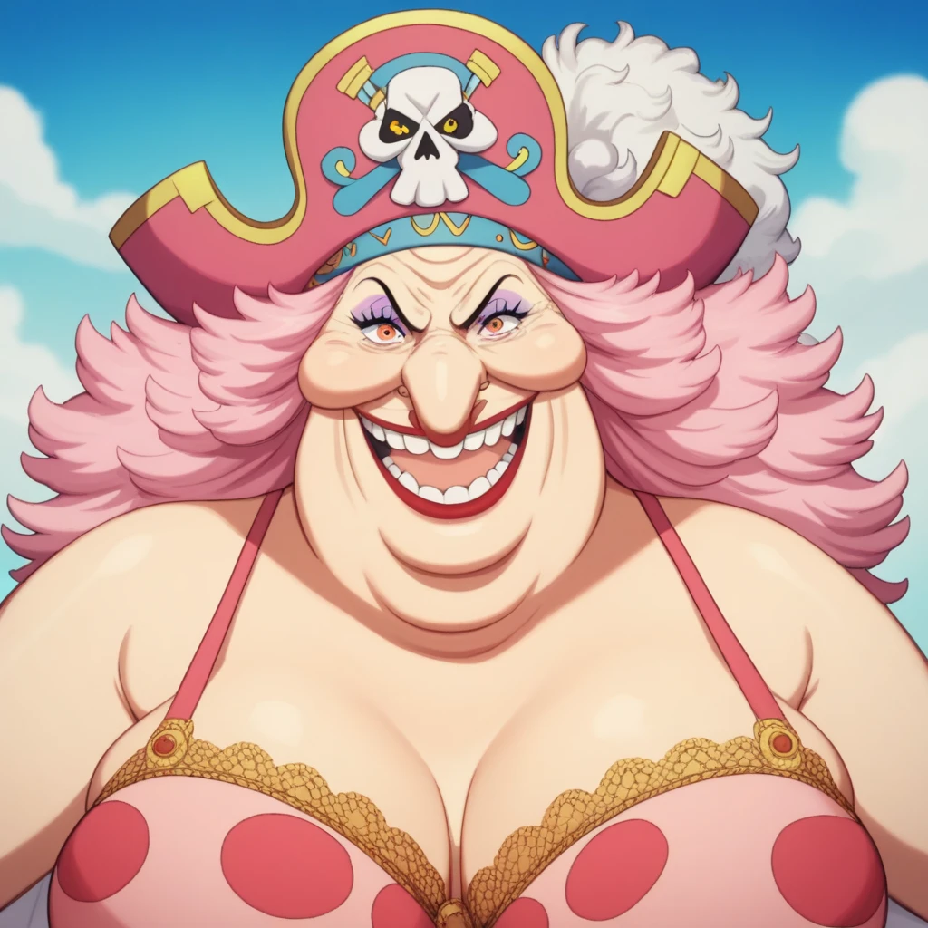 Create an image of a towering and powerful pirate queen with an aura of dominance and chaos. She has wild, flowing pastel-colored pink hair and a wide, menacing grin. Her outfit is flamboyant, featuring a vibrant dress with candy-themed patterns and gold accessories. Her presence is intimidating yet regal, with a massive pirate hat decorated with skull motifs and sweets. The setting is a fantastical candy-themed island under a stormy sky, with giant desserts and swirling clouds in the background. Her expression combines playful mischief with raw authority, and she holds a massive, enchanted sword crackling with energy. Big Mom of One Piece, fat woman, old woman, large nose,