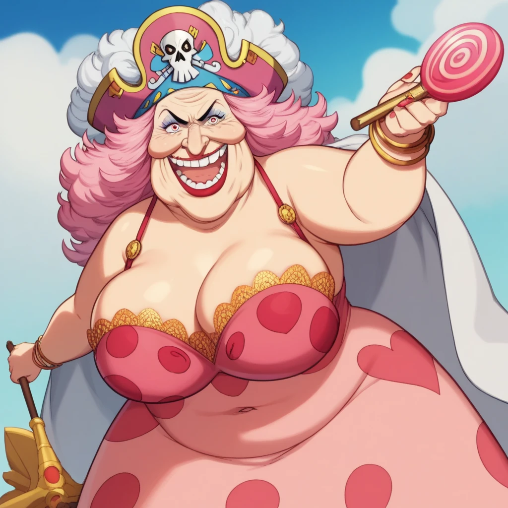 Create an image of a towering and powerful pirate queen with an aura of dominance and chaos. She has wild, flowing pastel-colored pink hair and a wide, menacing grin. Her outfit is flamboyant, featuring a vibrant dress with candy-themed patterns and gold accessories. Her presence is intimidating yet regal, with a massive pirate hat decorated with skull motifs and sweets. The setting is a fantastical candy-themed island under a stormy sky, with giant desserts and swirling clouds in the background. Her expression combines playful mischief with raw authority, and she holds a massive, enchanted sword crackling with energy. Big Mom of One Piece, fat woman, old woman, large nose,