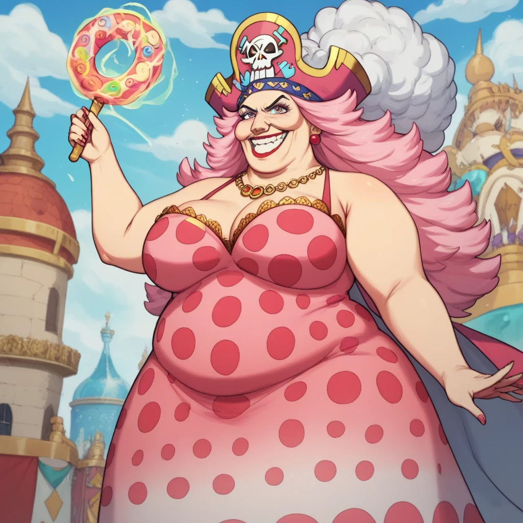 Create an image of a towering and powerful pirate queen with an aura of dominance and chaos. She has wild, flowing pastel-colored pink hair and a wide, menacing grin. Her outfit is flamboyant, featuring a vibrant dress with candy-themed patterns and gold accessories. Her presence is intimidating yet regal, with a massive pirate hat decorated with skull motifs and sweets. The setting is a fantastical candy-themed island under a stormy sky, with giant desserts and swirling clouds in the background. Her expression combines playful mischief with raw authority, and she holds a massive, enchanted sword crackling with energy. Big Mom of One Piece, fat woman, old woman, large nose,