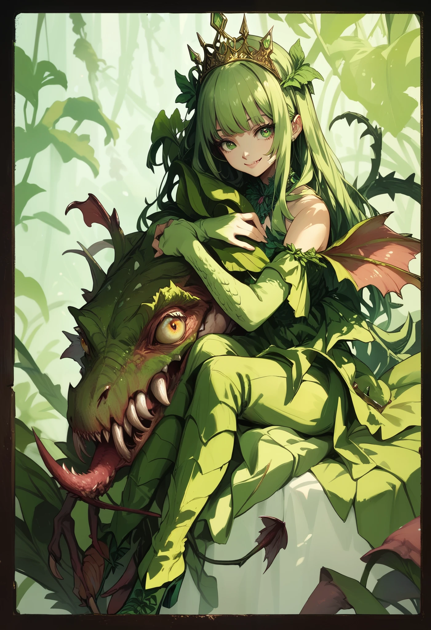 Alraune. Carnivorous plant elements. Tiara. Green hair. Ivy.Smiling. Bangs. Sharp eyes. Long boots. girl with plant elements. Dress. Green hair. Tiara. Sitting. Hugging.