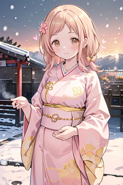 Sakuragi Mano, ((Mega Breasts)), Absolute territory,　smile, Fluffy, (Healing), ((feathers)),　brooch, medium hair, best quality, masterpiece, blush, light brown hair, 　outside curling hairstyle, side fringe, (forehead : 1.28), left-right symmetry fashion,　 winter, ((((snow)))), light brown hair, light brown eyes, 　(((spoken heart))), (Floral pattern furisode),　((((rich pink furisode)))), (shrine), new year, (Japanese style gorgeous big rich red flower hair ornaments), ((rich yellow obi)), ((((Gradient pattern rich pink and yellow frisode)))), sunrise, morning, standing, mountain, ((((hawk)))),