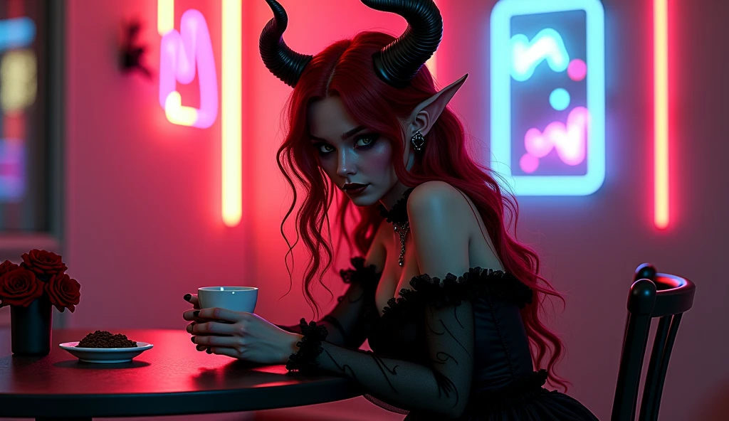 Create an illustration of Azura, a seductive succubus, in the setting of a cozy coffee shop at night. She stands amidst empty tables and deserted counters, bathed in the soft glow of dimly lit lamps. Azura is a striking figure with scarlet scales, fiery eyes, and ebony horns. She exudes an alluring yet dangerous presence as she beckons to the viewer with a subtle smile, inviting them to succumb to the forbidden pleasures of the night café. Capture the mysterious atmosphere and dark allure of Azura's nocturnal domain, where shadows dance and secrets linger in the air.
