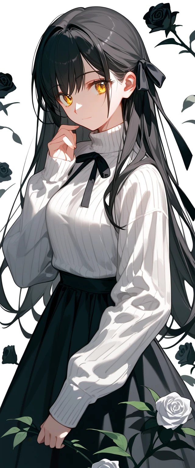 ((masterpiece, best quality)),best aesthetic,1girl, solo, long hair, white sweater, short black dress, flower, ribbon, black hair, hair ribbon, yellow eyes, long sleeves, white rose, closed mouth, black ribbon, upper body, simple background, full body