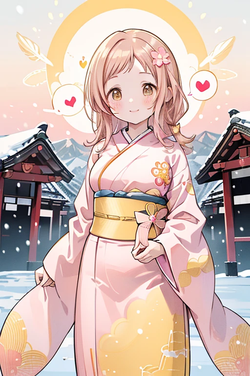 Sakuragi Mano, ((Mega Breasts)), Absolute territory,　smile, Fluffy, (Healing), ((feathers)),　brooch, medium hair, best quality, masterpiece, blush, light brown hair, 　outside curling hairstyle, side fringe, (forehead : 1.28), left-right symmetry fashion,　 winter, ((((snow)))), light brown hair, light brown eyes, 　(((spoken heart))), (Floral pattern furisode),　((((rich pink furisode)))), (shrine), new year, (Japanese style gorgeous big rich red flower hair ornaments), ((rich yellow obi)), ((((Gradient pattern vivid pink and yellow frisode)))), sunrise, morning, standing, mountain, ((((hawk)))),