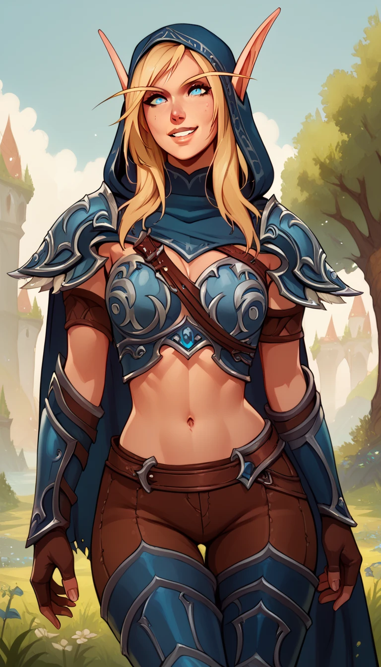 BREAK 1girl, sylwinog, long hair, blue eyes, blonde hair, elf, pointy ears, pauldrons, hood, breastplate, midriff, cape, gloves, pants, armor, boots, smile