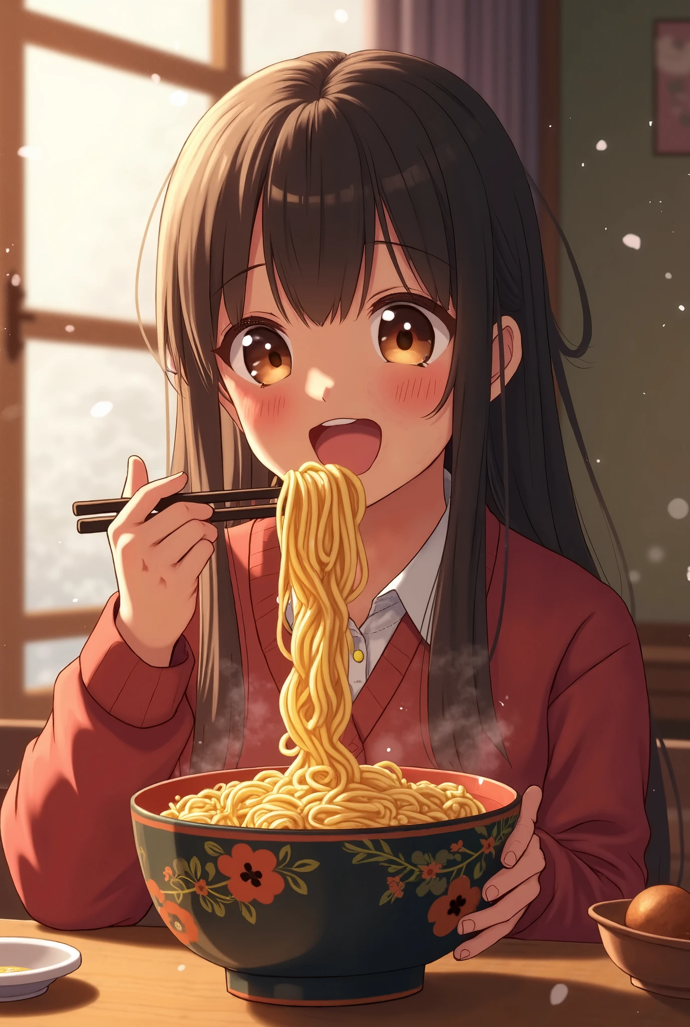  top quality 、 high res、( high image quality:1.2)、masterpiece、 detailed background、Realistic、 RAW photos 、Teenage beauty、 beautiful scene like a scene from a movie 、end of the year、 in a warm room 、 in a warm room 、 a cute girl in a kotatsu eats the last bite 、 steam 『 I'll eat it ！』 cheering cheerfully with snow 、 not sipping soba well 、 The way to quickly wipe off a little juice on her mouth is adorable 、『This year's color 々There was 、 good ending ！』and smiles 、 a beautiful scene like a scene from a movie 、 smile with satisfaction 、 at the moment of the countdown 『 happy new year ！』 Looking at Toshikoshi soba standing Figure of a girl smiling and shouting while happily putting her hands together in front of her {x} and buttocks while flapping her legs、 cute