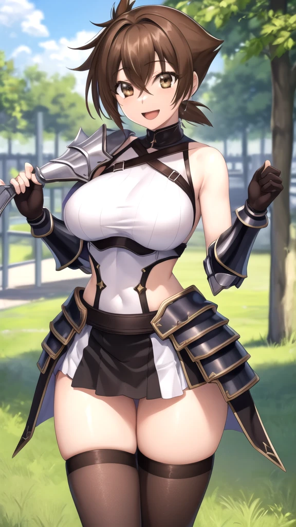 masterpiece, best quality, high quality, girl, solo, looking at viewer, issei_hyoudou, brown hair, brown eyes, hair between eyes, large breasts, black and silver knight armor, skirt, stockings, standing, smile, open mouth, outdoors 