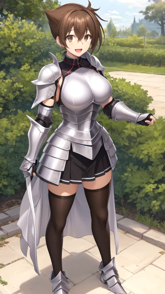 masterpiece, best quality, high quality, girl, solo, looking at viewer, issei_hyoudou, brown hair, brown eyes, hair between eyes, large breasts, black and silver knight armor, skirt, stockings, standing, smile, open mouth, outdoors 