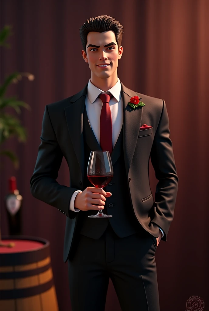Make a well-dressed man, A glass of wine in his hand