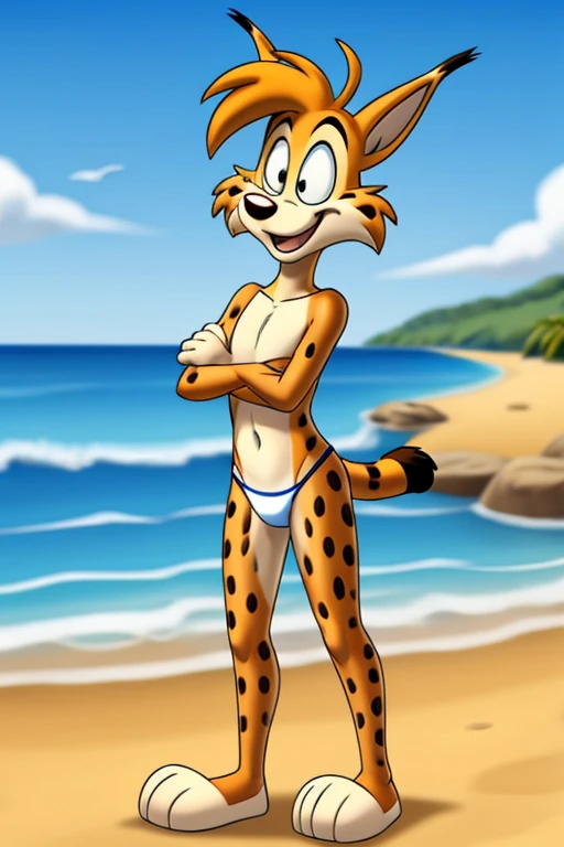 Lynx cartoon guy full length slim skinny in striped blue-red speedo on the beach with a happy face striped tail