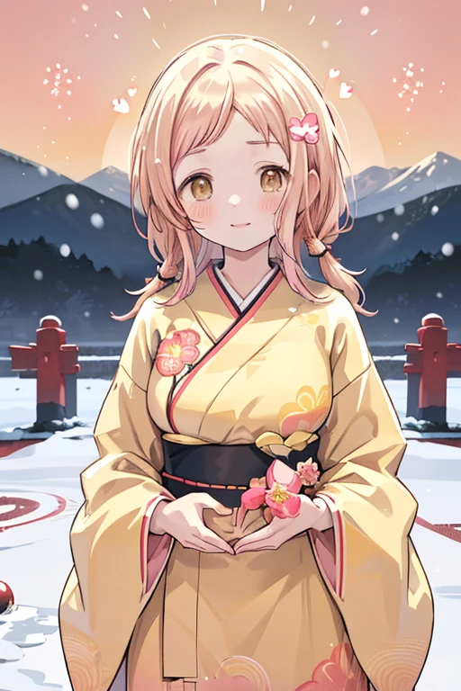 Sakuragi Mano, ((Mega Breasts)), Absolute territory,　smile, Fluffy, (Healing), ((feathers)),　brooch, medium hair, best quality, masterpiece, blush, light brown hair, 　outside curling hairstyle, side fringe, (forehead : 1.28), left-right symmetry fashion,　 winter, ((((snow)))), light brown hair, light brown eyes, 　(((spoken heart))), (Floral pattern furisode), (shrine), new year, (Japanese style gorgeous big vivid red flower hair ornaments), ((rich yellow obi)), ((((Gradient pattern vivid pink and yellow frisode)))), sunrise, morning, standing, mountain, ((((hawk)))),