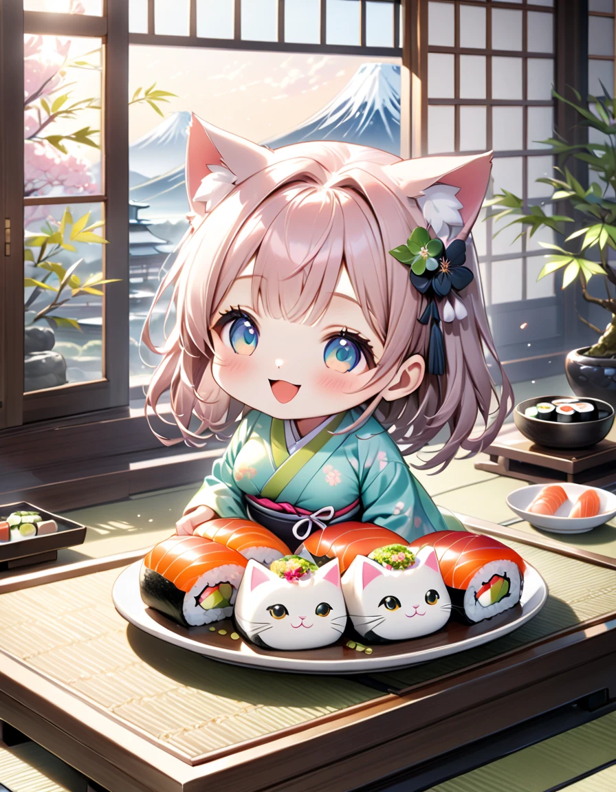 (masterpiece), (ultra-detailed), (best quality), (clear focus), dramatic scene, cinematic, shadow, (ultra-high resolution), (8k), perfect anatomy, perfect face, (detailed face), (detailed eye), (chibi), cute Japanese chibi girl, famous Japanese chibi idol, very beautiful and cute and cool face, (wearing a cute pastel colored kimono:1.2), cute apron,  (large breasts), (She is making sushi at the traditional Japanese room with a cute giant cat:1.3), (piles of many kind of colorful sushi plates are on the Japanese antique low table), (too many delicious sushi:1.2), Freshly cooked rice in a wooden tub, many kind of sliced fishes with bamboo leaves are on the wooden tray, sitting on Tatami floor, Japanese antique furnishings, Bonsai, gentle sunlight, professional lighting, the cat looks so happy with her, (there are very cute fat sushi cat rolls on the plate:1.35), (detailed giant fat cat is mewing:1.3), she looks so happy, Outside the window is a snowy scene, happy smile