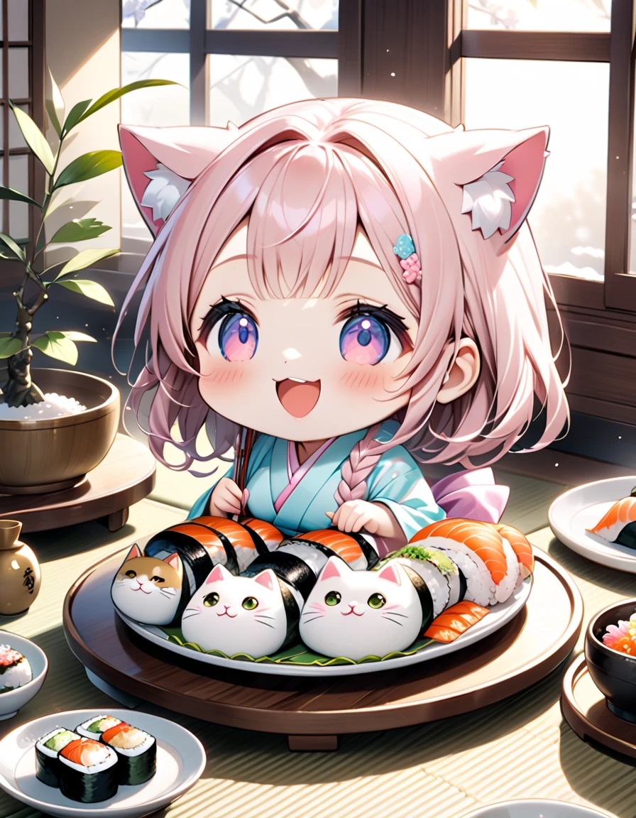 (masterpiece), (ultra-detailed), (best quality), (clear focus), dramatic scene, cinematic, shadow, (ultra-high resolution), (8k), perfect anatomy, perfect face, (detailed face), (detailed eye), (chibi), cute Japanese chibi girl, famous Japanese chibi idol, very beautiful and cute and cool face, (wearing a cute pastel colored kimono:1.2), cute apron,  (large breasts), (She is making sushi at the traditional Japanese room with a cute giant cat:1.3), (piles of many kind of colorful sushi plates are on the Japanese antique low table), (too many delicious sushi:1.2), Freshly cooked rice in a wooden tub, many kind of sliced fishes with bamboo leaves are on the wooden tray, sitting on Tatami floor, Japanese antique furnishings, Bonsai, gentle sunlight, professional lighting, the cat looks so happy with her, (there are very cute fat sushi cat rolls on the plate:1.35), (detailed giant fat cat is mewing:1.3), she looks so happy, Outside the window is a snowy scene, happy smile