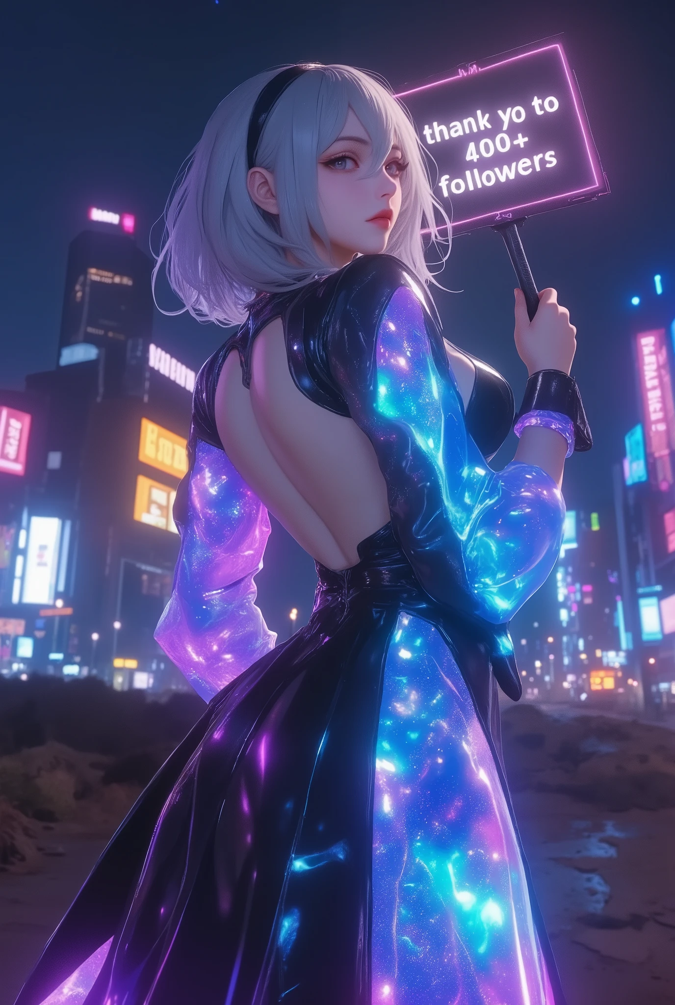 masterpiece, high res, illustration, animation style, movie style: your name, night , mid night , Gentle Light, Fascinating Light, batttle field, ruins of a big city, (back side shot, from her back, full body shot, full body, view from her back:1.7), (1 female: 1.3), (Alone: 1.4), Type 2B Yorha, has long eyelashes, short bob, nose_, open_mouth, futon, , Backless long Dress, , Kirarhythm, dynamic perspective, perspective, Bokeh, Depth_of_Field, from_ Down, (natural breasts:1.2), (Uplifted and well-defined bust:1.2),(holding a big sign that says "thank you to 400+ followers":1.5)