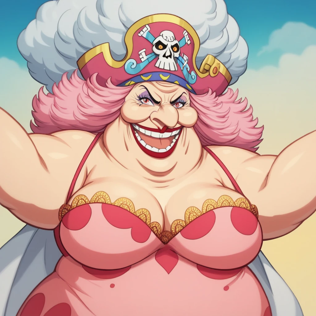 Create an image of a towering and powerful pirate queen with an aura of dominance and chaos. She has wild, flowing pastel-colored pink hair and a wide, menacing grin. Her outfit is flamboyant, featuring a vibrant dress with candy-themed patterns and gold accessories. Her presence is intimidating yet regal, with a massive pirate hat decorated with skull motifs and sweets. The setting is a fantastical candy-themed island under a stormy sky, with giant desserts and swirling clouds in the background. Her expression combines playful mischief with raw authority, and she holds a massive, enchanted sword crackling with energy. Big Mom of One Piece, fat woman, old woman, large nose,