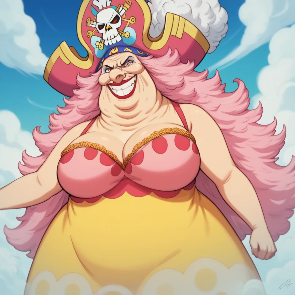 Create an image of a towering and powerful pirate queen with an aura of dominance and chaos. She has wild, flowing pastel-colored pink hair and a wide, menacing grin. Her outfit is flamboyant, featuring a vibrant dress with candy-themed patterns and gold accessories. Her presence is intimidating yet regal, with a massive pirate hat decorated with skull motifs and sweets. The setting is a fantastical candy-themed island under a stormy sky, with giant desserts and swirling clouds in the background. Her expression combines playful mischief with raw authority, and she holds a massive, enchanted sword crackling with energy. Big Mom of One Piece, fat woman, old woman, large nose,