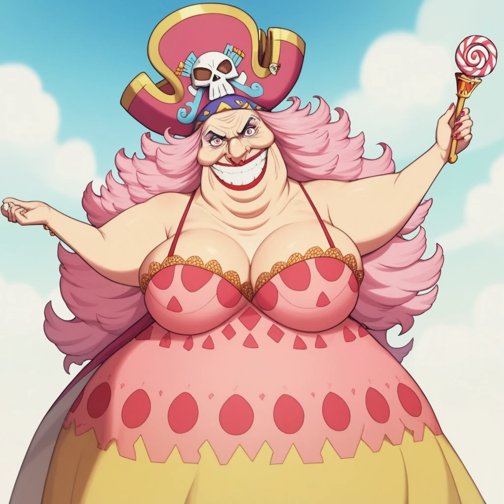 Create an image of a towering and powerful pirate queen with an aura of dominance and chaos. She has wild, flowing pastel-colored pink hair and a wide, menacing grin. Her outfit is flamboyant, featuring a vibrant dress with candy-themed patterns and gold accessories. Her presence is intimidating yet regal, with a massive pirate hat decorated with skull motifs and sweets. The setting is a fantastical candy-themed island under a stormy sky, with giant desserts and swirling clouds in the background. Her expression combines playful mischief with raw authority, and she holds a massive, enchanted sword crackling with energy. Big Mom of One Piece, fat woman, old woman, large nose,